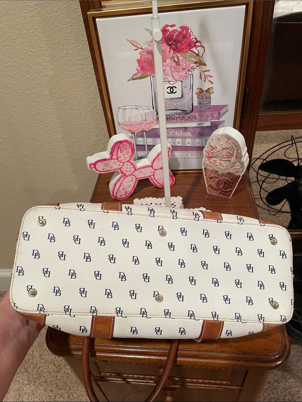 Dooney & Bourke White Logo Satchel with Brown Leather Trim - Picture 8 of 9
